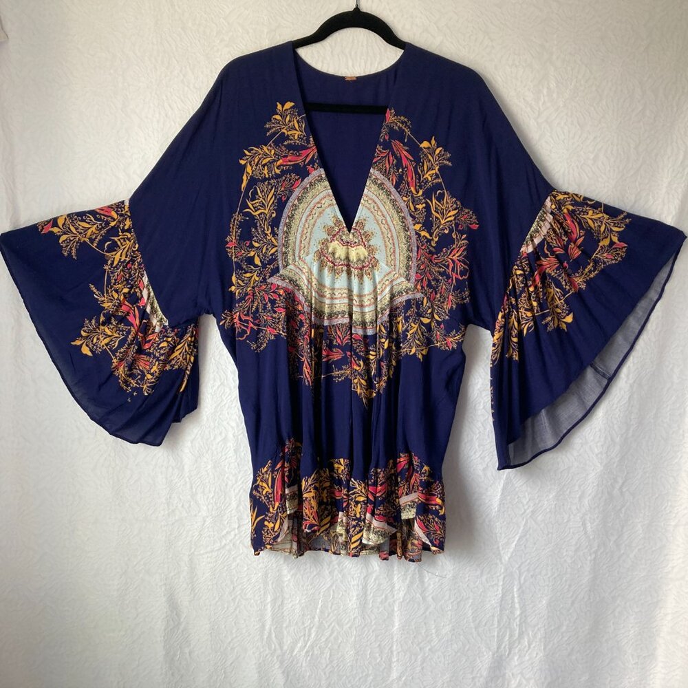 FREE PEOPLE Sunset Dreams Ruffle Boho Top Bell Sleeves Size M